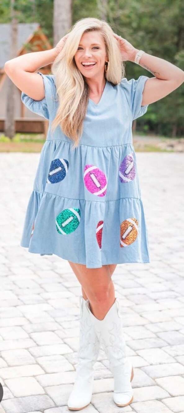 Peach Love California Light Blue Sequin Football Patch Babydoll Dress